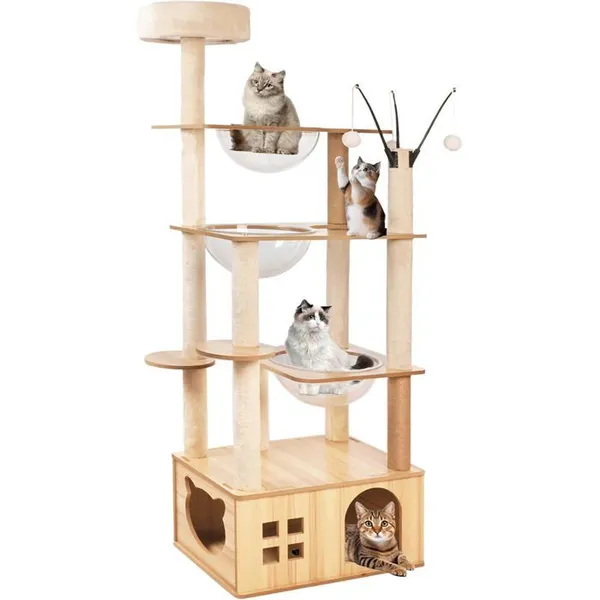 173CM Arbre a Chat, Bois, avec 1 Condo, 3 Bol, 13 Griffoirs, 5 Plateformes,3 Balles de Joue – photo 2