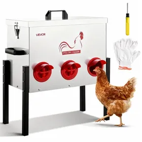 Meilleurs prix pour VEVOR Mangeoire Automatique pour Poules 13,61 kg Distributeur de Nourriture pour Volailles 6 Ports, Anti-Gaspillage Anti-Nuisible Étanche, Hauteur Réglable, avec Loquet et Poignée, en Acier Galvanisé