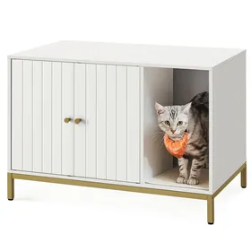 Comparer les prix de Maison de Toilettes pour Chat, Cache-litière, avec Tapis à Griffer, Pieds Hauts, Table d’Appoint, 80 x 50 x 55 cm, Blanc et Doré