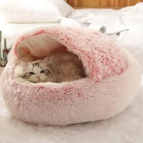 Meilleurs prix pour Lit pour Chat Rond Pelucheux Moelleux avec Capuche Grotte, Confortable pour Chats d'Intérieur ou Petits Chiens, Lit pour Chien Donut Calme Anti-Anxiété S brown