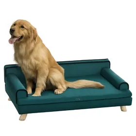 Comparer les prix de Canapé chien lit pour chien chat avec accoudoirs dossier coussin déhoussable pieds bois velours bleu canard