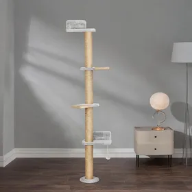 Meilleurs prix pour Parcours vertical 5 plateformes pour chat avec jouet suspendu polyester gris-toned et sisal fixation murale 180 cm