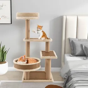 Meilleurs prix pour Arbre à Chat à 4 Niveaux COSTWAY - Balle Suspendue - Lit Spacieux - Plateformes - Tapis en Peluche Amovible