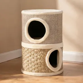 Comparer les prix de Arbre à chat tonneau en sisal et peluche kaki et café 35 5 x 35 5 x 49 cm 2 niveaux avec griffoir et cachette