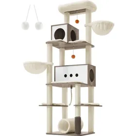 Comparer les prix de Arbre à Chat, Hauteur 197 cm, Multi-Niveaux, avec 2 Niches, 2 Paniers, 4 Griffoirs, Toiletteur, Tunnel, Plate-forme, Grège Chiné