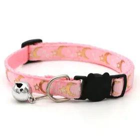 Meilleurs prix pour Collier pour animal de compagnie, chat, chien, couleur or, étoiles et lune, avec clochette, boucle de sécurité réfléchissante, fournitures pour animaux de compagnie rose