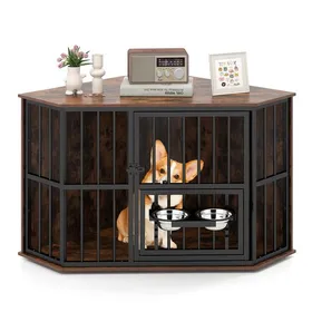 Meilleurs prix pour Costway Maison Cage D'angle Pour Animaux Avec Mangeoire Réglable, 2 Gamelles En Acier Inoxydable, Pieds Réglables, Pour Chien Chat