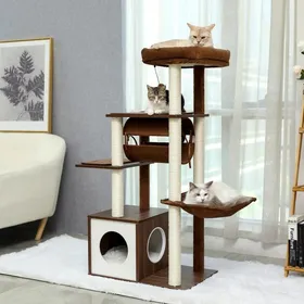 Meilleurs prix pour Arbre à chat en bois marron deluxe centre d'activité tunnel suspendu multi-plateforme 130cm