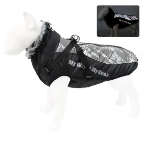 Comparer les prix de Veste pour grand chien avec col en fourrure, vêtements d'hiver pour animaux de compagnie, manteau imperméable pour grand chien avec harnais amovible, tenue de bouledogue français, carlin XL black