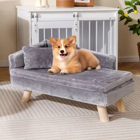 Comparer les prix de Lit Surélevé pour Animaux de Compagnie COSTWAY Coussin Amovible Oreiller Pieds en Bois Massif Dossier Canapé pour Animal Gris
