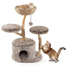 Comparer les prix de COSTWAY Arbre à Chat Multi-Niveaux 105 cm, Tronc en Bois de Poirier Massif, Perchoir, Griffoirs en Sisal, Balle Suspendue, Naturel