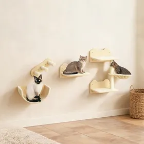 Meilleurs prix pour Set mural pour chat en 4 pièces panneaux de particules et tissu hamac échelle et plateformes – Beige lin (40x28x73 cm)