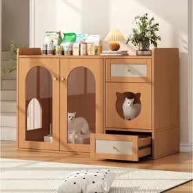 Meilleurs prix pour Meuble cache-litière pour chat 5-en-1 120 x 45 x 83 cm en noyer avec porte vitrée rangement et 2 bols inox