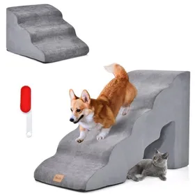 Comparer les prix de COSTWAY Lot de 2 Escaliers pour Animaux 5/3 Marches en Mousse - Rampe pour Chien/Chat - Fond Antidérapant, Housse Amovible - Gris