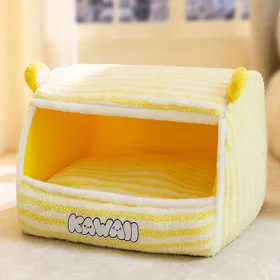 Comparer les prix de Chenil semi-fermé pour petits chiens et chats à grandes oreilles à rayures grises, chenil chaud pour animaux de compagnie en automne et en hiver XXL（86*64*60cm ）