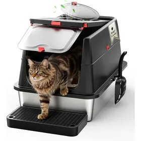 Comparer les prix de Bac à Litière Chat XXL Acier Inoxydable SUS304 - Fermé Couvercle Rabattable Anti-Odeur Anti-Fuites Pelle et Pédale Inclus