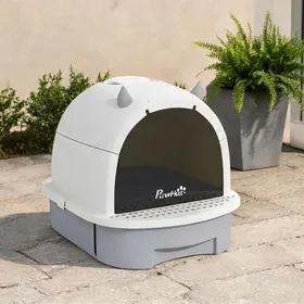 Meilleurs prix pour Caisse à chat fermée avec pédalier anti-litière et bac amovible plastique gris neutre 52 x 40 5 x 39 cm
