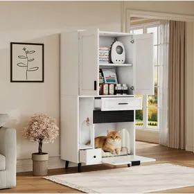 Meilleurs prix pour Meuble pour chat dissimulé avec étagères réglables tiroirs et niche avec portes - ELVMI - Blanc 80×40×161 cm