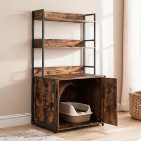 Comparer les prix de Meuble cache-litière chat avec rangement 3 étagères griffoir intégré MDF et métal marron classique 89 5 x 45 0 x 132 0 cm