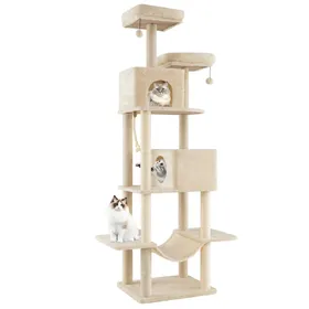 Comparer les prix de CostwayArbre à Chat de 205 cm Tour d'Escalade Multi-Niveaux avec 2 Condos Perchoirs Poteaux à Gratter en Sisal Jouets Suspendus Hamac Beige