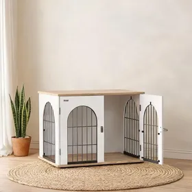 Meilleurs prix pour Meuble cage pour chien en arche – Double porte panneau de particules et métal 80 - Blanc Panneau de Particules Métal 80 x 56 x