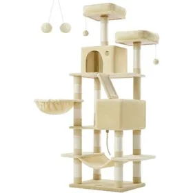 Comparer les prix de Arbre à Chat, Hauteur 168 cm, avec 13 Griffoirs, 2 Plate-forme, 2 Niches, Panier, Hamac, Pompon, Tissu Peluche, Beige