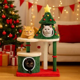 Comparer les prix de Arbre à chat 123 cm design sapin de Noël. Structure stable avec poteaux à griffer maison à étages plateformes et balle.