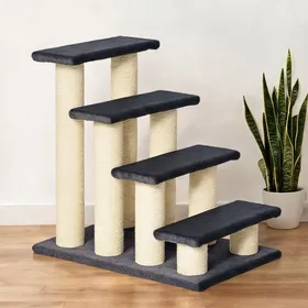Comparer les prix de Escalier pour chat et chien en panneau de particules et peluche 4 marches avec poteaux grattoirs en sisal structure grise