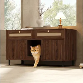 Comparer les prix de Meuble cache-litière pour chat en MDF noyer 120 x 50 x 65 cm avec 2 tiroirs double porte et tapis inclus