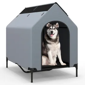 Meilleurs prix pour COSTWAY Niche 110 cm pour Moyens Chiens, Fenêtre, Housse Amovible, Lit pour Animaux Compagnie Surélevé, Abri pour Chien avec Auvent