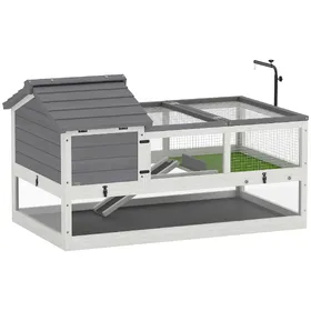 Comparer les prix de PawHut Maison pour tortues en bois, enclos pour tortues avec deux maisons principales, toit supérieur ouvrant, support de lampe Gris