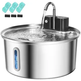 Meilleurs prix pour Fontaine à eau chat sans fil acier inoxydable 3.2 L détecteur mouvement intégré batterie 45 jours 3 filtres et 3 éponges inclus