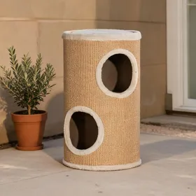 Meilleurs prix pour Arbre à chat cylindrique double couche en peluche beige et sisal Ø35 x H60 cm pour chats jusquà 5 kg