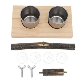 Comparer les prix de Mangeoire pour cage d'oiseau avec support perchoir, coupe à nourriture en acier inoxydable, bol d'alimentation en bois pour perruches beige