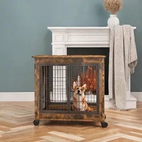 Comparer les prix de Cage meuble chien noir et marron 80x56x69 5 cm – double porte toit ouvrant roulettes