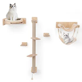 Meilleurs prix pour CostwayÉtagères Murales pour Chat Ensemble de Meubles Muraux pour Arbre à Chat 5PCS avec 2 Hamacs Lit Marches Poteaux à Griffer en Jute Naturel