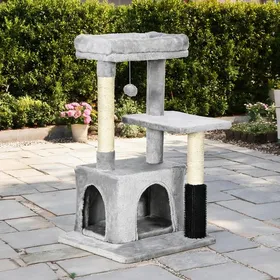 Meilleurs prix pour Arbre à chat multifonction avec bac à litière intégré et panier lavable gris classique 48x48x85 cm