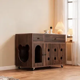 Meilleurs prix pour Meuble cache-litière pour chat 100x45x66 cm MDF noyer avec bac récupérateur amovible et rangement