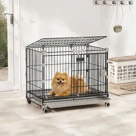 Meilleurs prix pour Cage pour chien en métal noir et PP plateau amovible roues avec freins 60 5x45 5x54 5cm