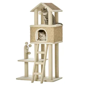 Meilleurs prix pour Arbre à chats style cosy chic griffoirs sisal naturel grande niche plateforme échelle jeu boules tourniquet peluche courte cordes d'algues tressées