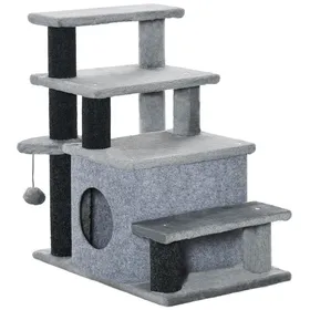 Comparer les prix de Escalier pour Chat 3/4 Marches – Gris – Niche Intégrée + Balle – Revêtement Peluche – Aide pour Animaux âgés – Charge 5 kg