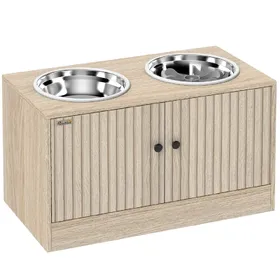 Meilleurs prix pour Station repas surélevée 2 gamelles inox, chêne, 60 x 30 cm