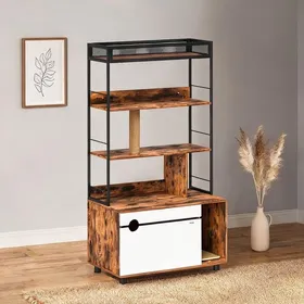 Meilleurs prix pour Meuble cache-litière en bois marron classique avec griffoir intégré 3 étagères pour chat jusquà 6 kg 80 x 48 x 152 cm