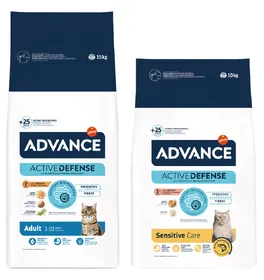 Meilleurs prix pour Pack gourmand Advance pour chat, 2 saveurs - Adult poulet, riz (15 kg) + Sensitive saumon, riz (10 kg)