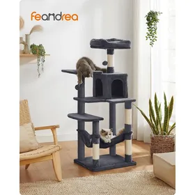 Meilleurs prix pour FEANDREA Arbre à Chat Hauteur 143 cm, Tour de Jeux pour Chats, avec 4 Poteaux à Griffer, en Tissu Peluche, Multi-Niveaux, Gris Fumé