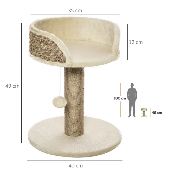 Arbre à chat griffoir 2 niveaux H. 49 cm - poteau sisal, plateforme observation, jeu de boule suspendue - jute polyester beige – photo 3
