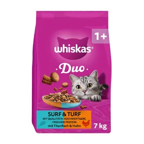 Comparer les prix de Lot économique : 2x 7kg Whiskas 1+ Duo Surf et Turf Thon & Poulet nourriture sèche pour chats