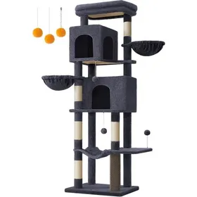 Meilleurs prix pour Grand Arbre à Chat, Hauteur 175 cm, avec 2 Niches, 2 Paniers, 5 Griffoirs, Toilettage Autonome, Perchoir, Hamac, Gris Foncé